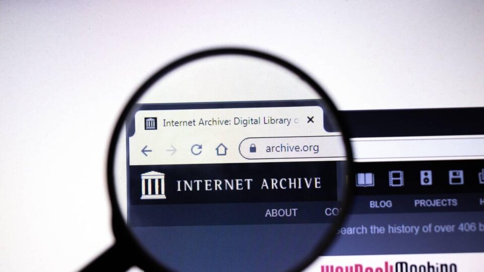 Internet Archive website page. Archive.org logo on display screen